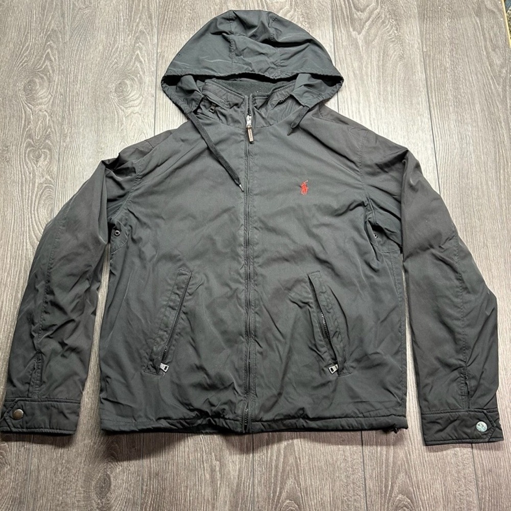 Polo Ralph Lauren Mens Medium Black Windbreaker Jacket Removable Hood Fleece